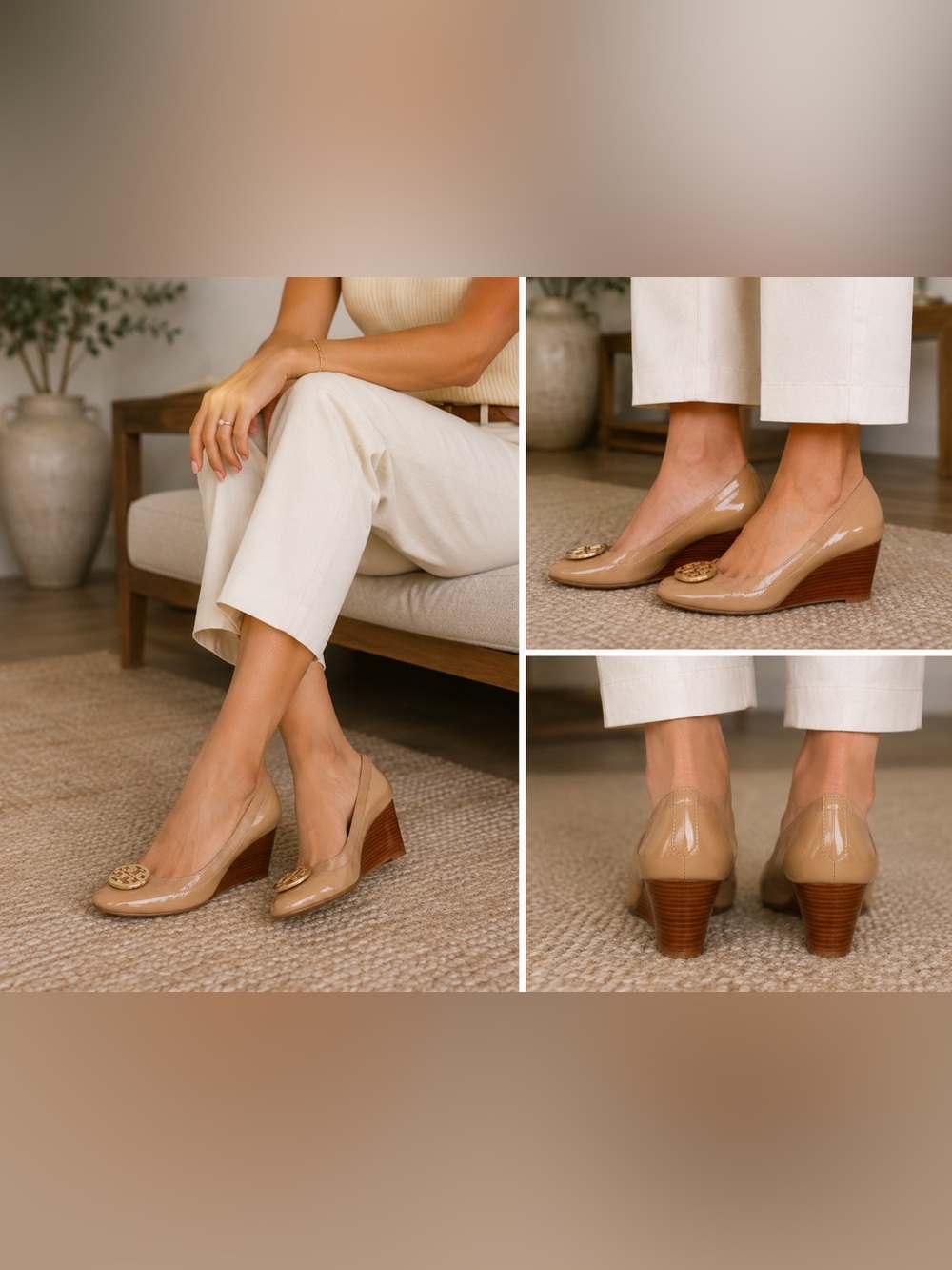 Tory Burch Beige Patent Leather Caroline Wedge Pumps‎ Size 7.5
